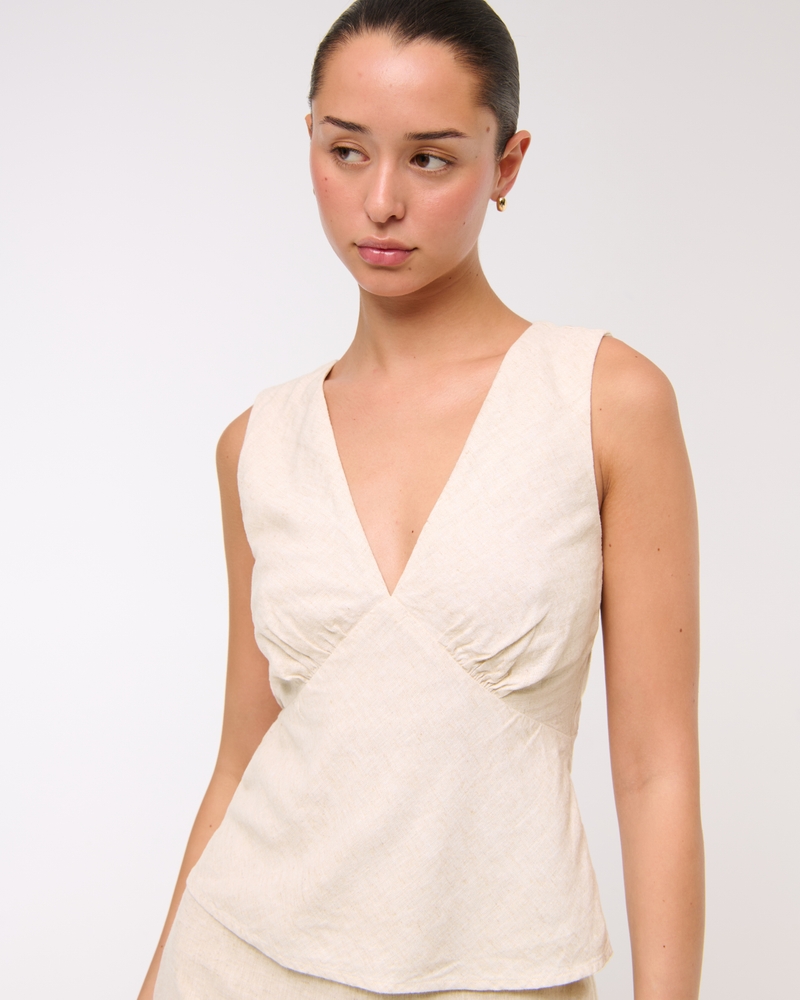  Linen-Blend Tie-Back Set Top(oatmeal,XXS)