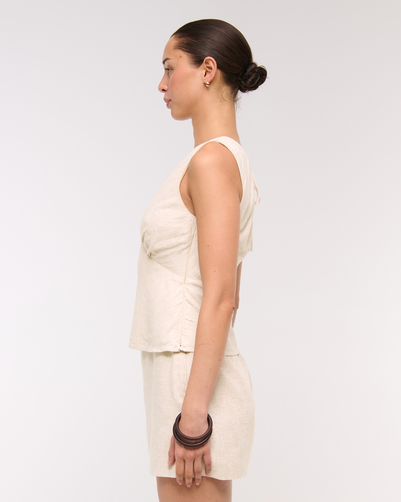  Linen-Blend Tie-Back Set Top(oatmeal,XXS)