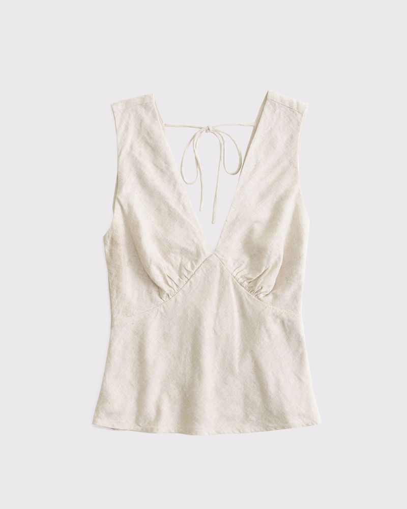  Linen-Blend Tie-Back Set Top(oatmeal,XXS)