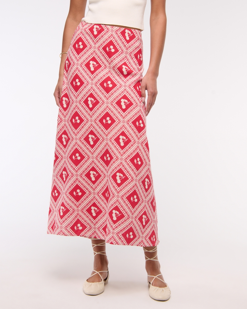 Mid Rise Linen-Blend Maxi Skirt(red cherry print,XXS)