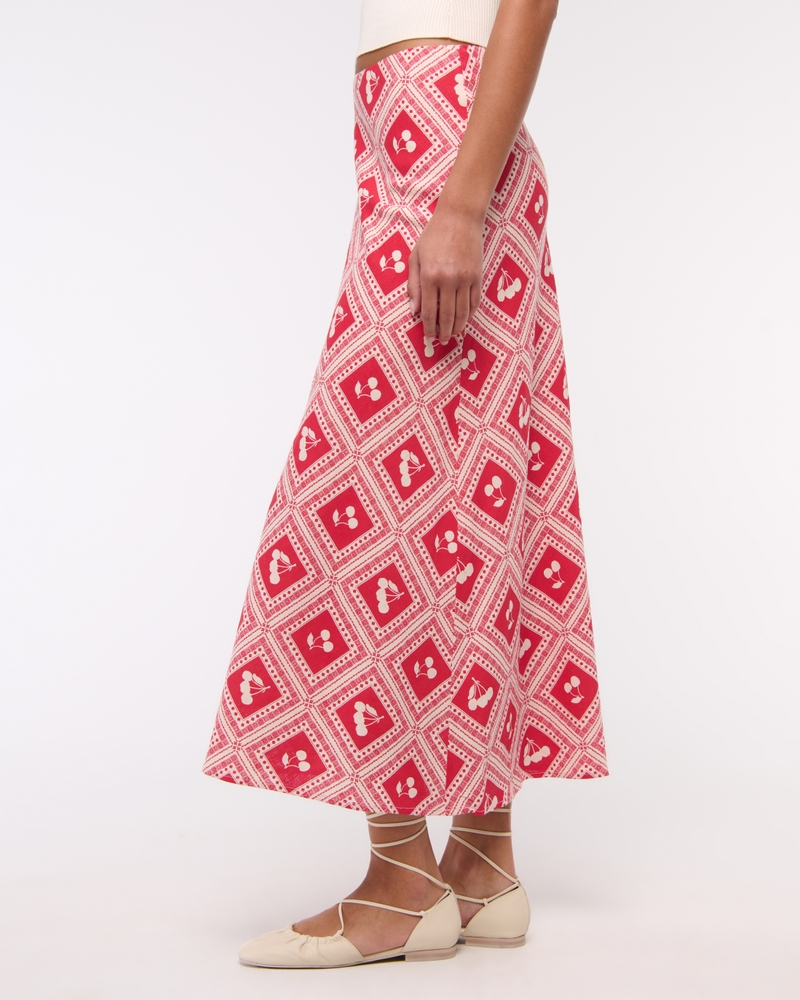 Mid Rise Linen-Blend Maxi Skirt(red cherry print,XXS)