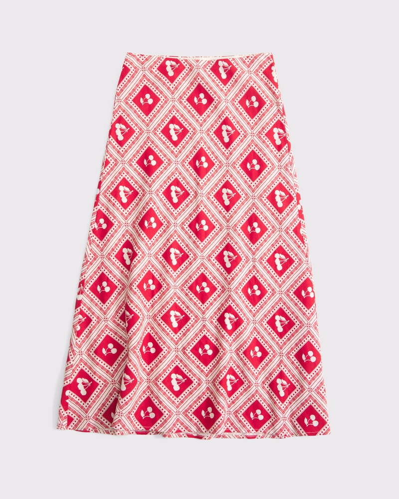 Mid Rise Linen-Blend Maxi Skirt(red cherry print,XXS)