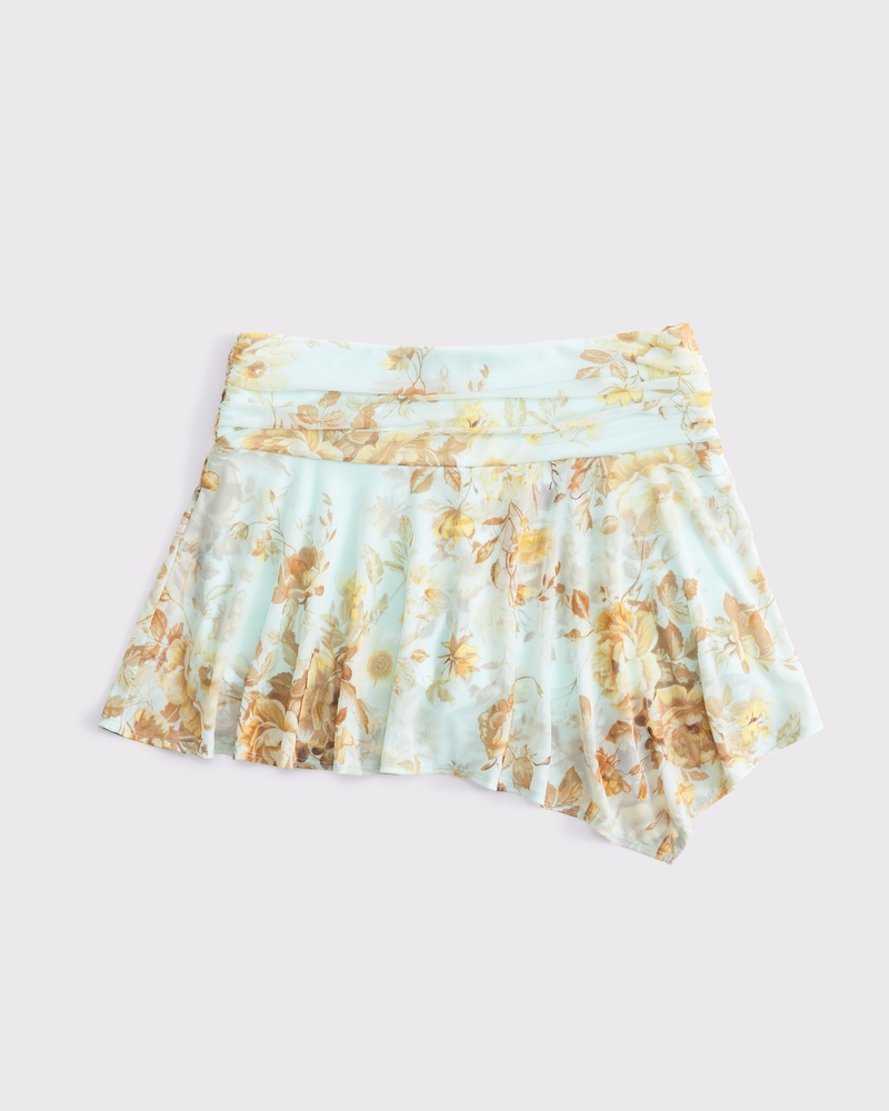 Mid Rise Asymmetrical Flirty Ruched Mini Skort(aqua pattern,XXS)