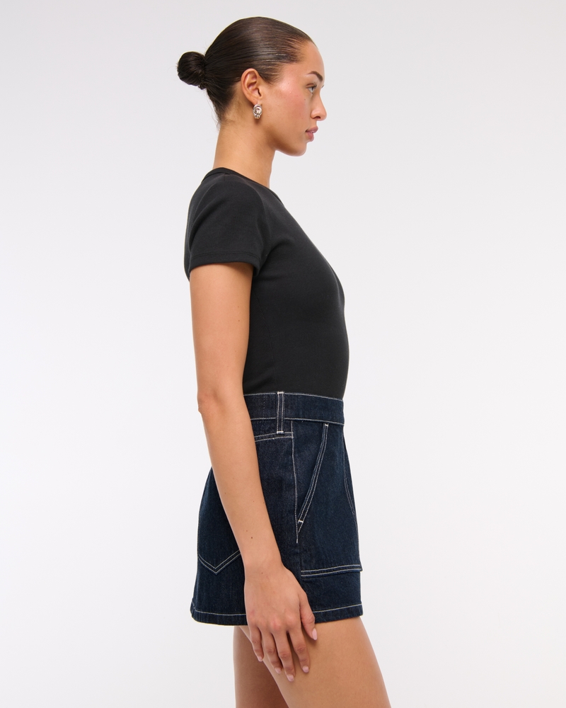 Mid Rise Denim Wrap Mini Skirt(dark denim,23)