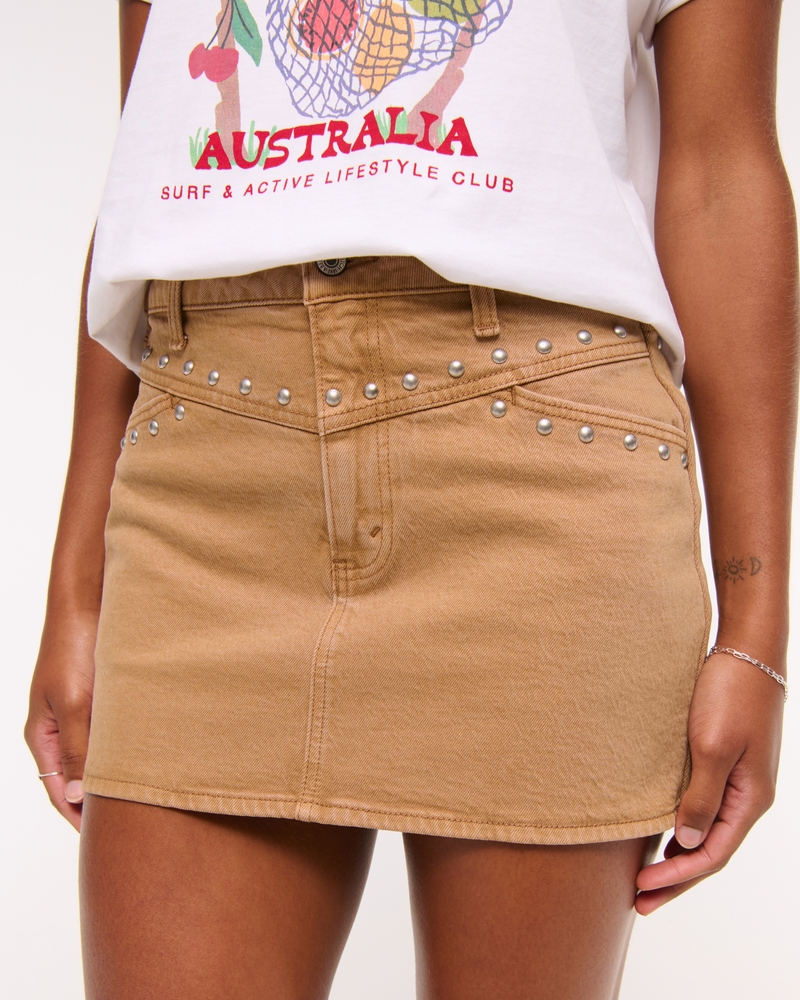 Curve Love Mid Rise Denim Studded Mini Skirt(brown,23)