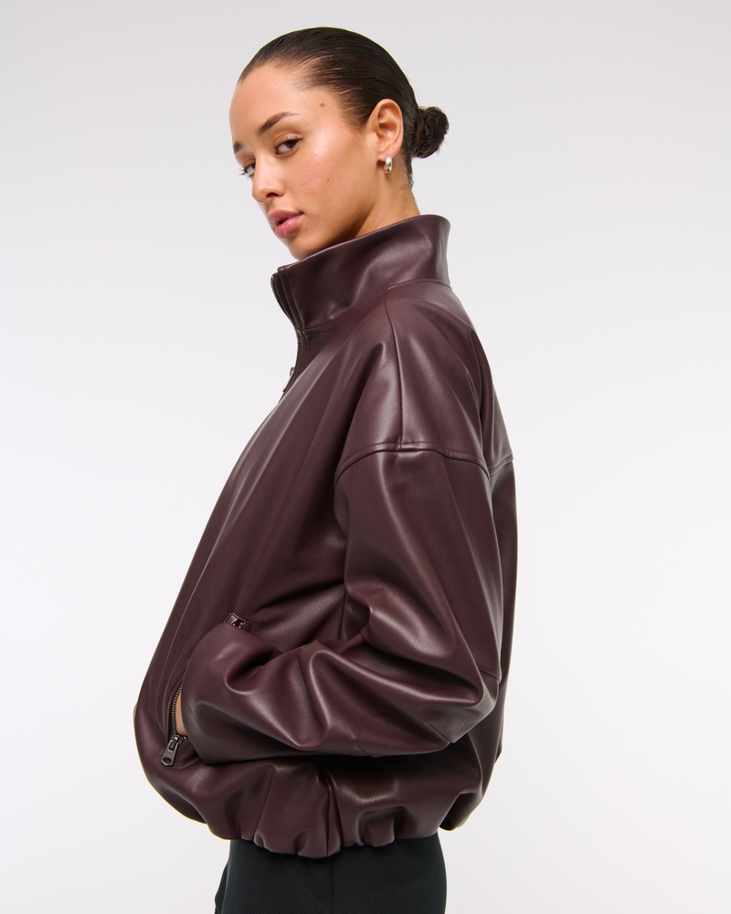 Bubble Hem Vegan Leather Bomber Jacket(burgundy,XXS)