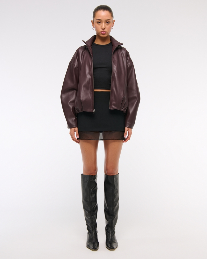 Bubble Hem Vegan Leather Bomber Jacket(burgundy,XXS)