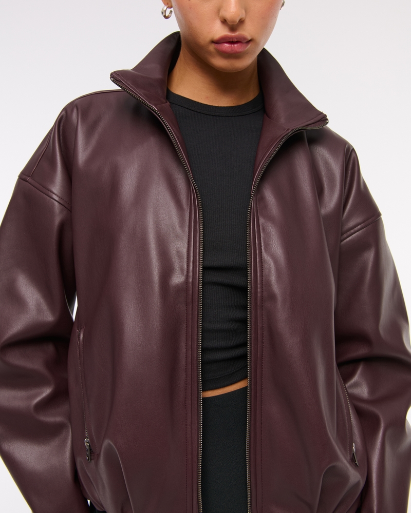 Bubble Hem Vegan Leather Bomber Jacket(burgundy,XXS)