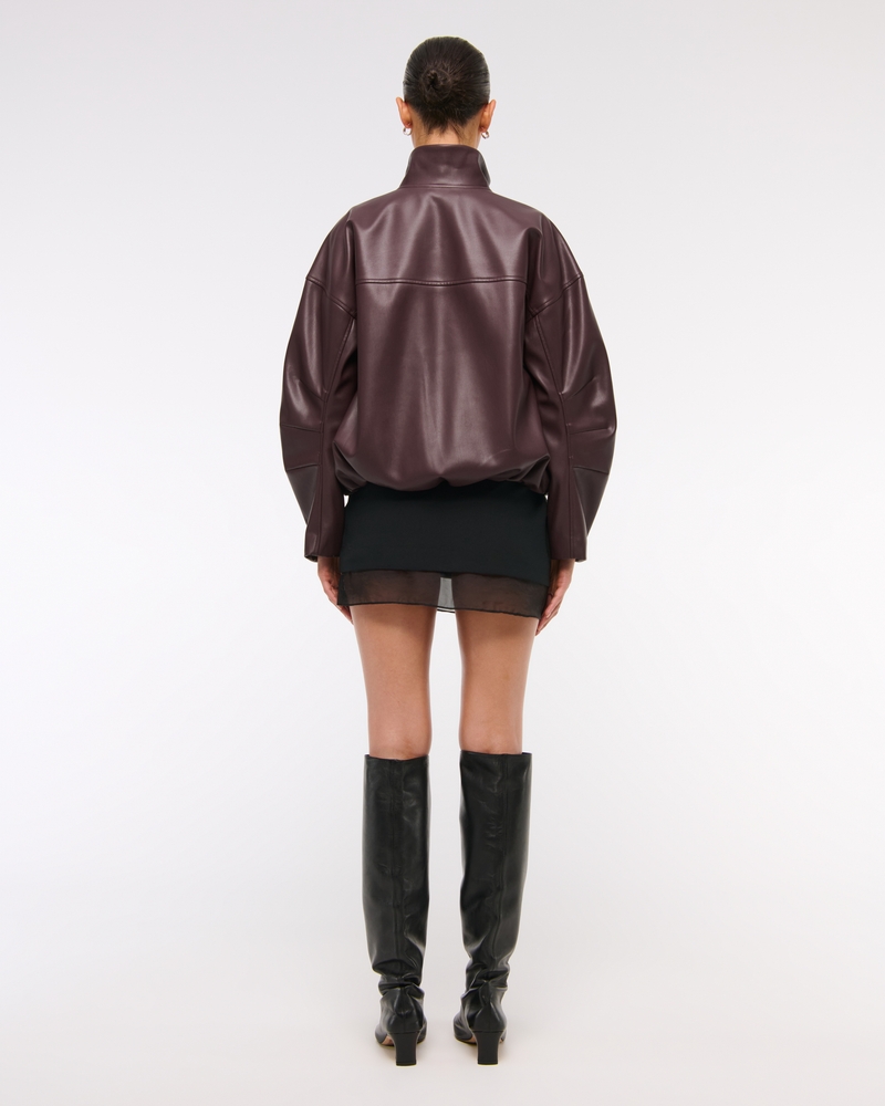 Bubble Hem Vegan Leather Bomber Jacket(burgundy,XXS)