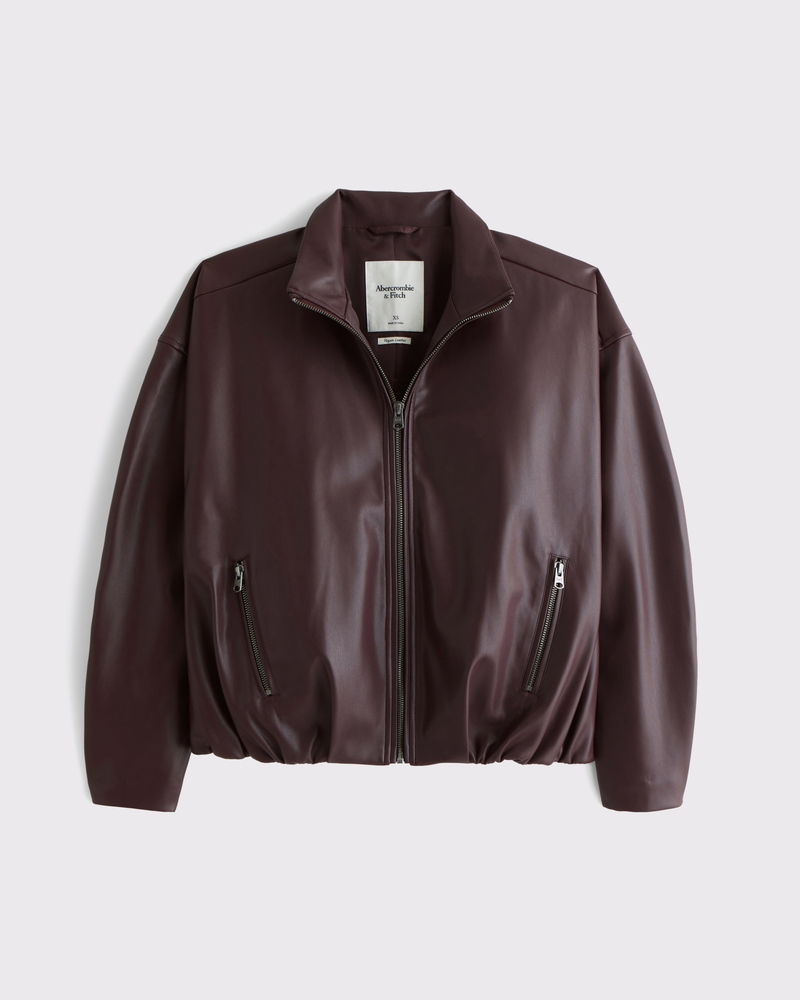 Bubble Hem Vegan Leather Bomber Jacket(burgundy,XXS)