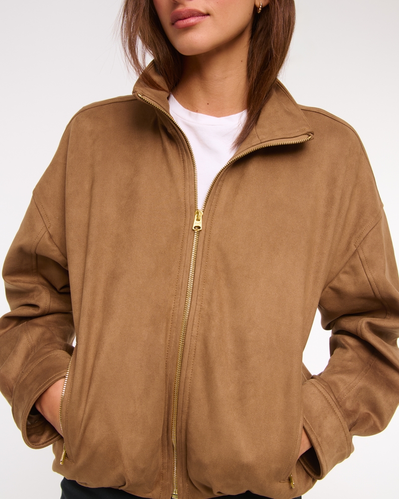 Bubble Hem Vegan Suede Bomber Jacket(toasted taupe,XXS)