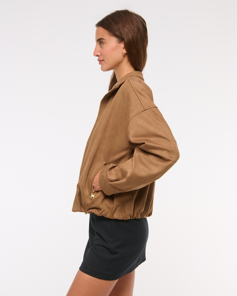 Bubble Hem Vegan Suede Bomber Jacket(toasted taupe,XXS)