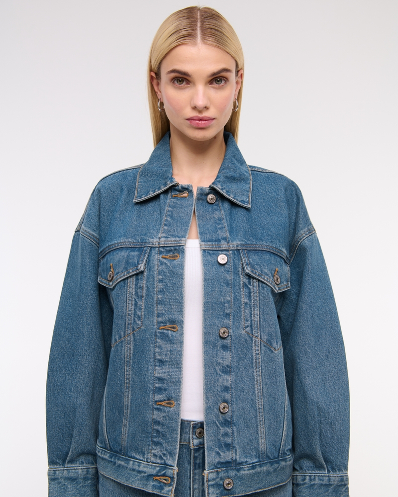 Oversized Distressed Denim Trucker Jacket(dark wash,XXS)