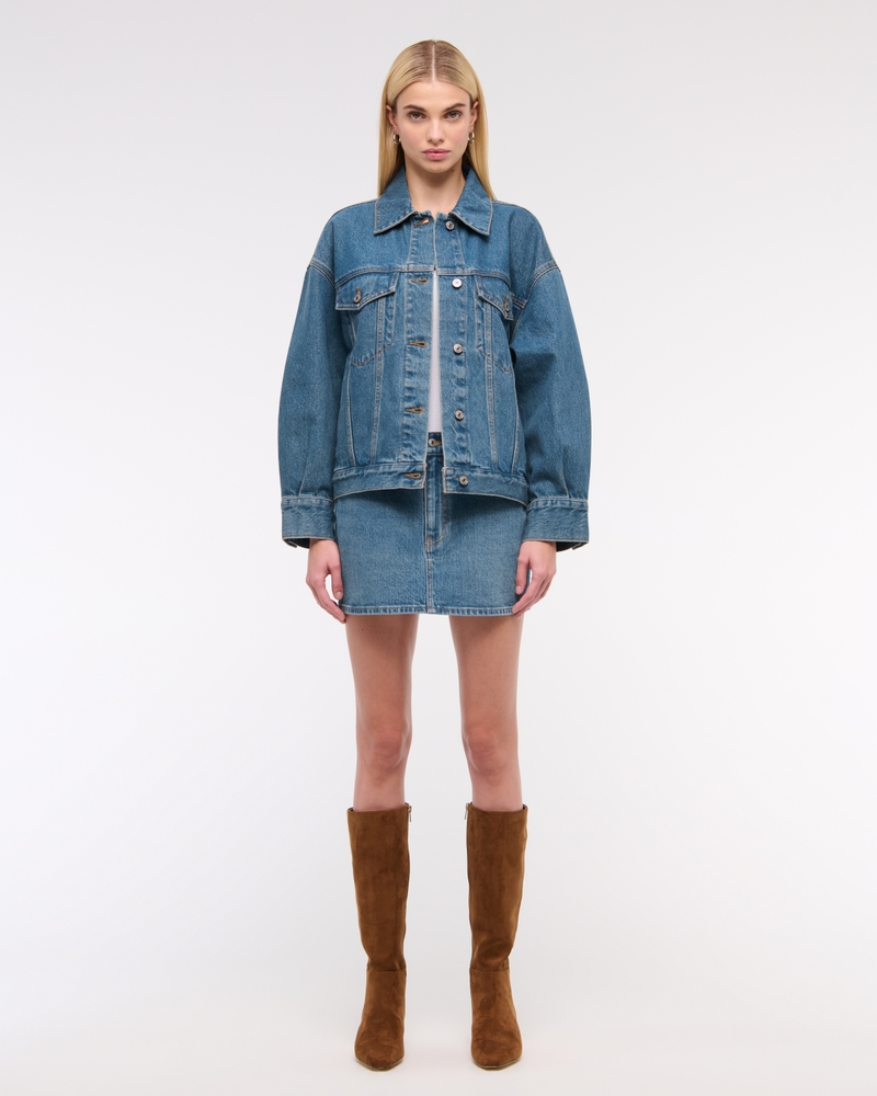 Oversized Distressed Denim Trucker Jacket(dark wash,XXS)