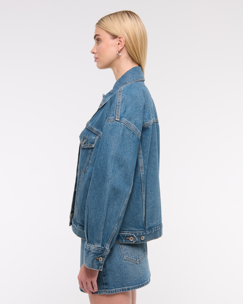 Oversized Distressed Denim Trucker Jacket(dark wash,XXS)