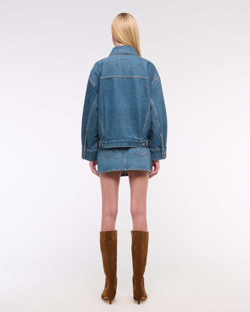 Oversized Distressed Denim Trucker Jacket(dark wash,XXS)