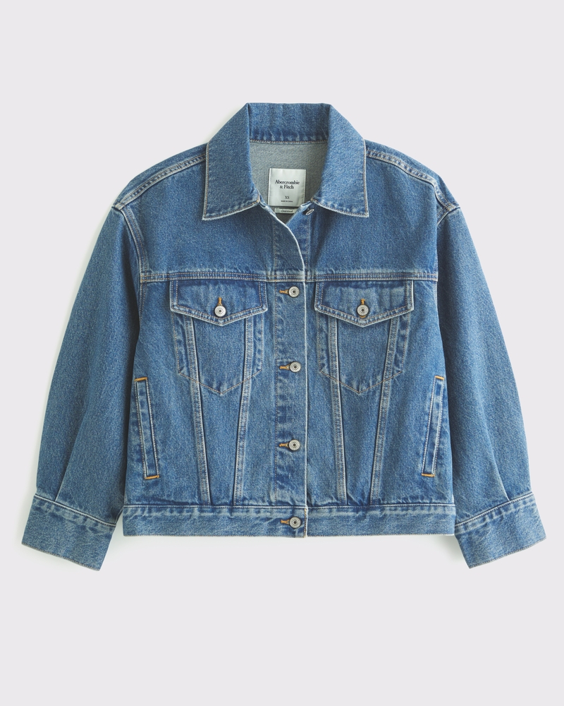 Oversized Distressed Denim Trucker Jacket(dark wash,XXS)