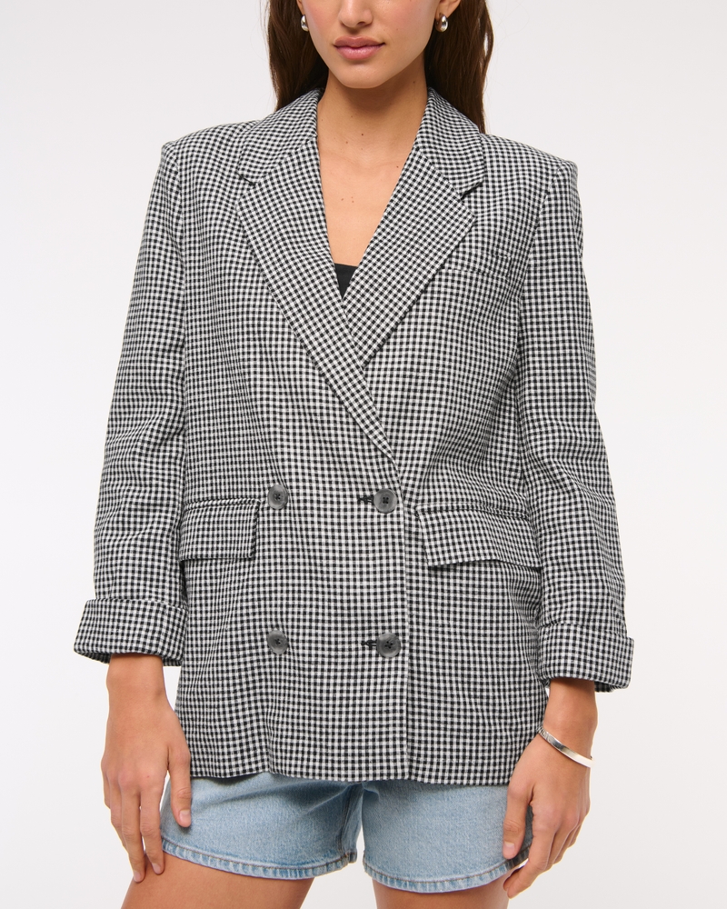 Double-Breasted Linen-Blend Slouchy Blazer(black gingham,XXS)
