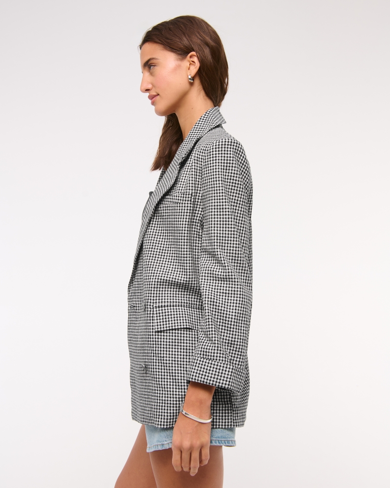 Double-Breasted Linen-Blend Slouchy Blazer(black gingham,XXS)