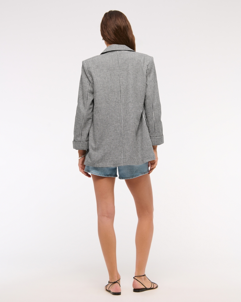 Double-Breasted Linen-Blend Slouchy Blazer(black gingham,XXS)