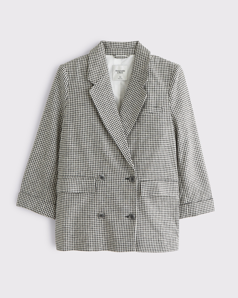 Double-Breasted Linen-Blend Slouchy Blazer(black gingham,XXS)
