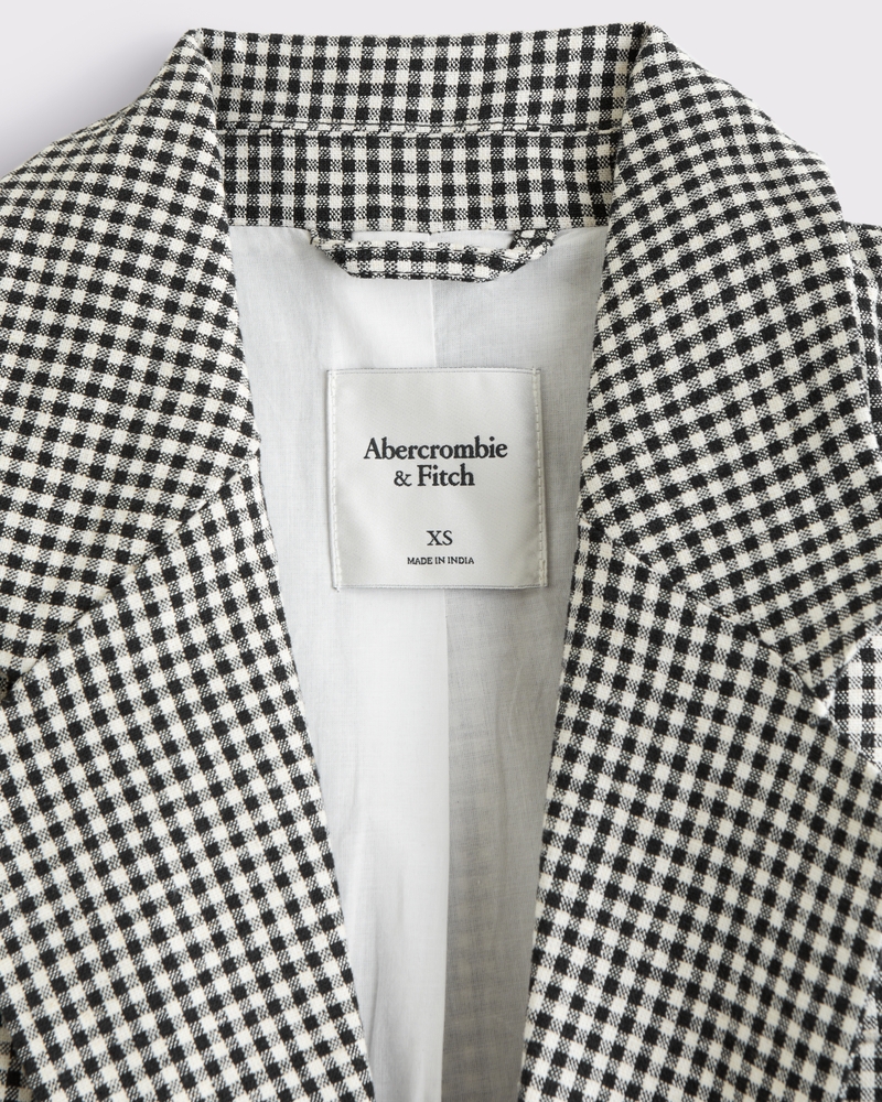 Double-Breasted Linen-Blend Slouchy Blazer(black gingham,XXS)