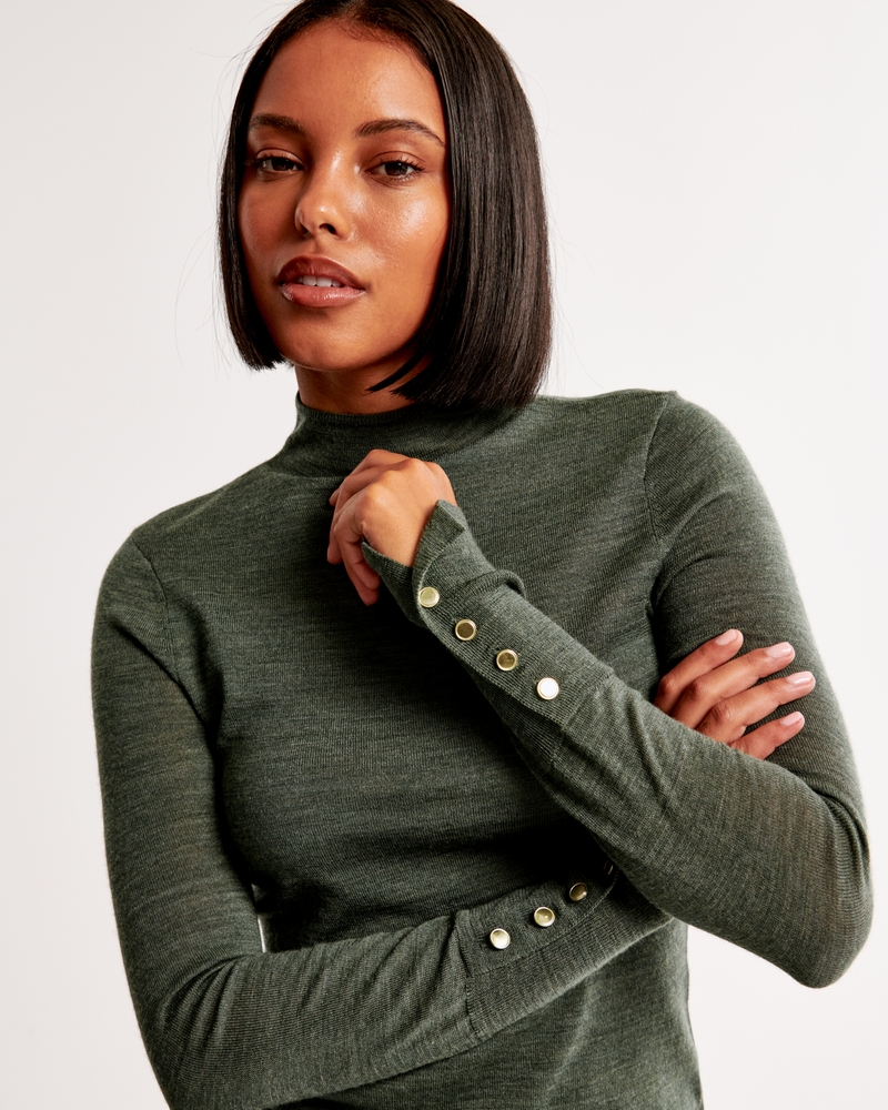 Merino Wool Button Sleeve Mockneck Top