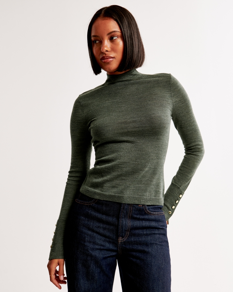 Merino Wool Button Sleeve Mockneck Top(olive,XXS)