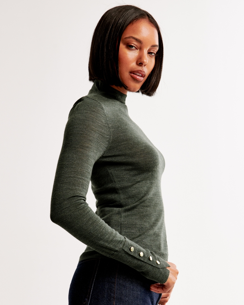 Merino Wool Button Sleeve Mockneck Top(olive,XXS)