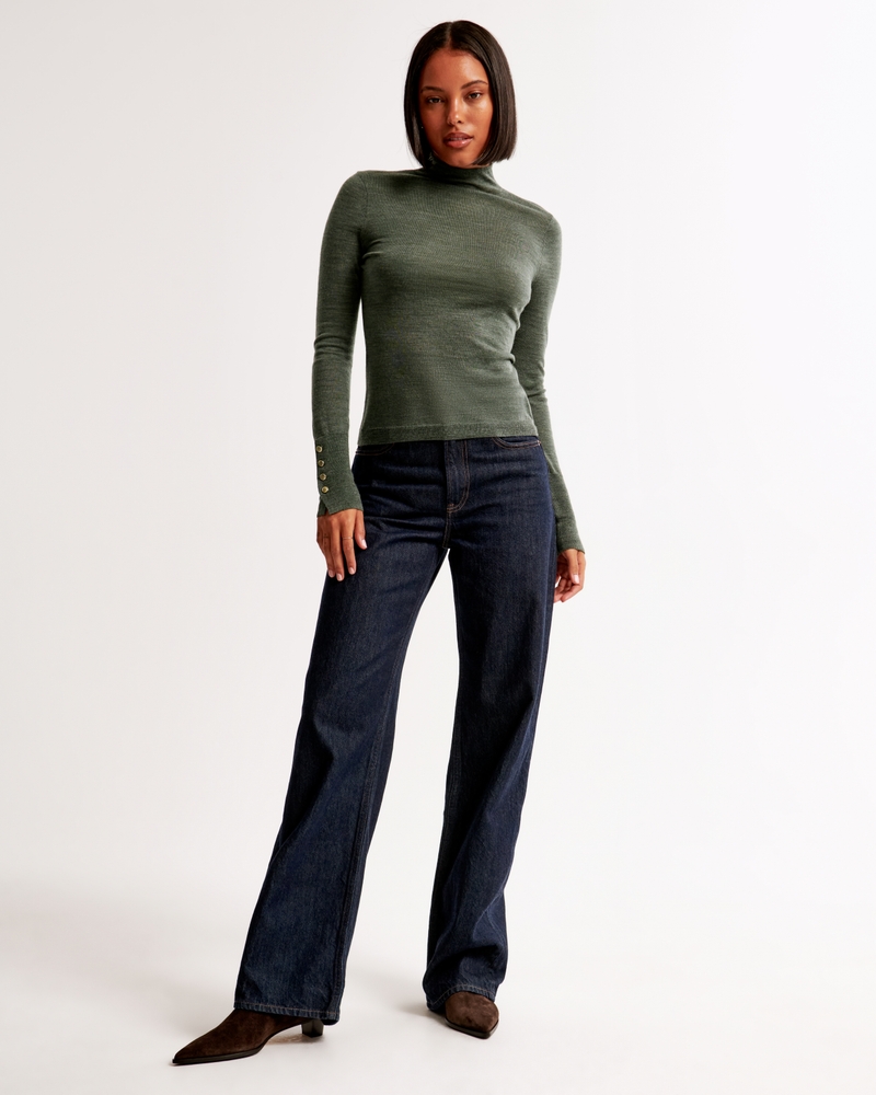 Merino Wool Button Sleeve Mockneck Top(olive,XXS)