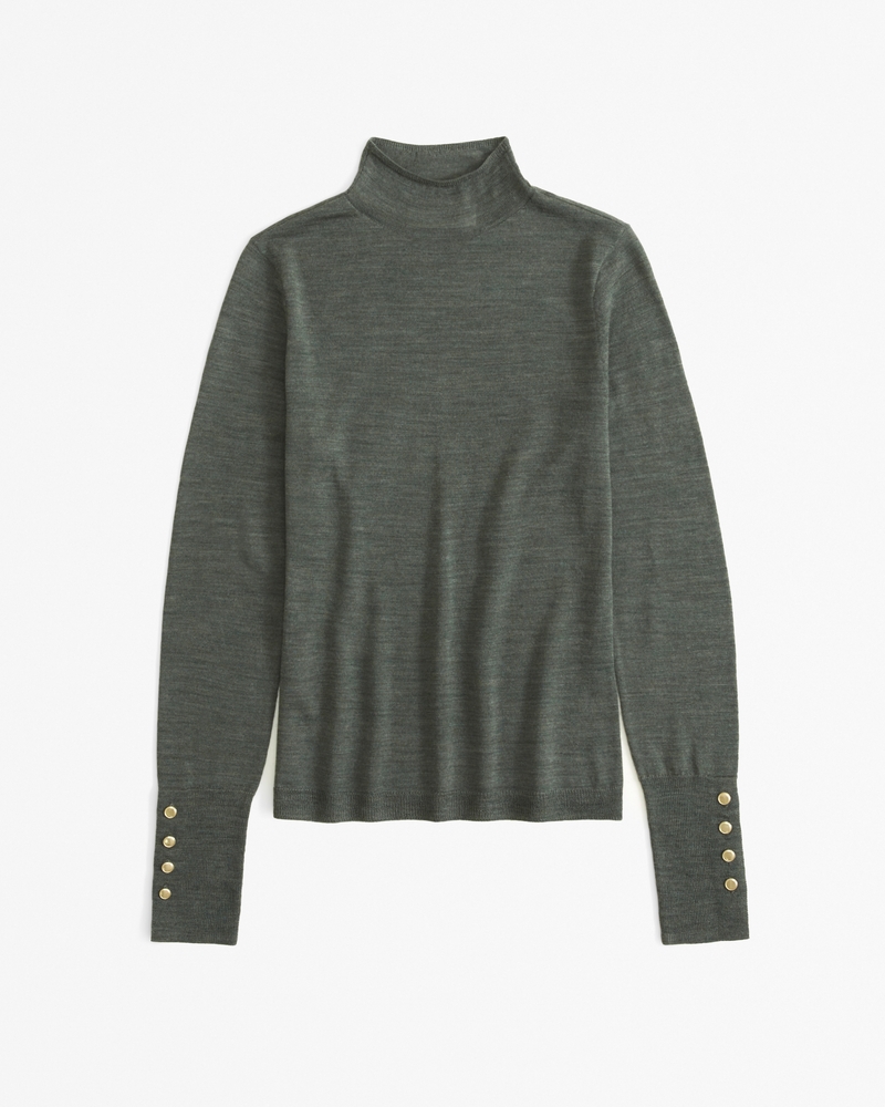 Merino Wool Button Sleeve Mockneck Top(olive,XXS)