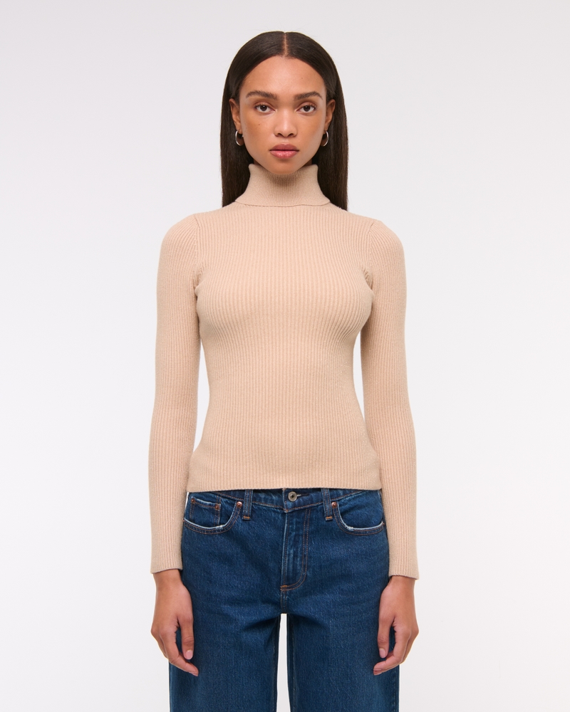 LuxeLoft Lurex Slim Ribbed Turtleneck Top(light brown with gold lurex,XXS)