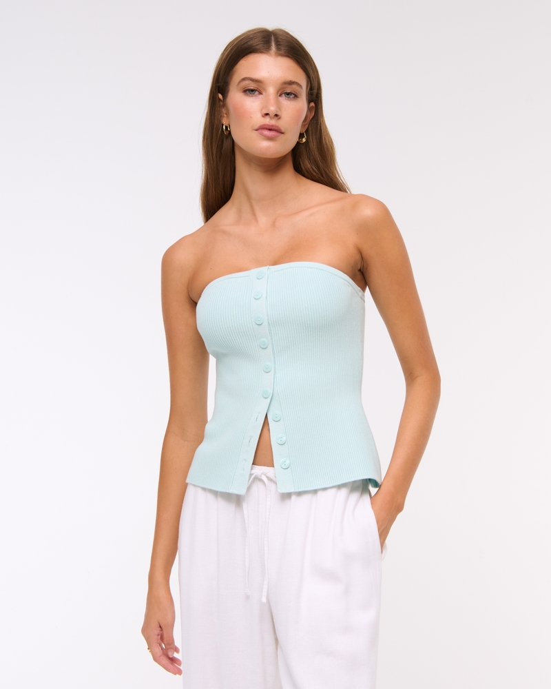 Ottoman Button-Front Tube Top(light aqua,XXS)