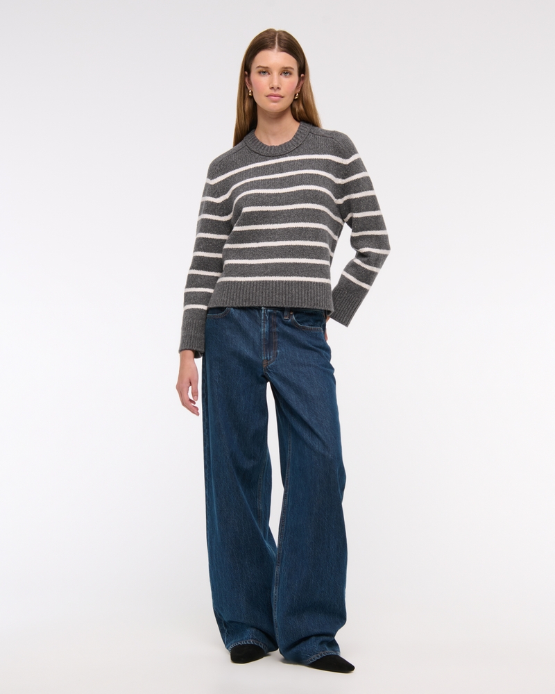 The A&F Madeline Textural Crew Sweater(dark gray stripe,XXS)