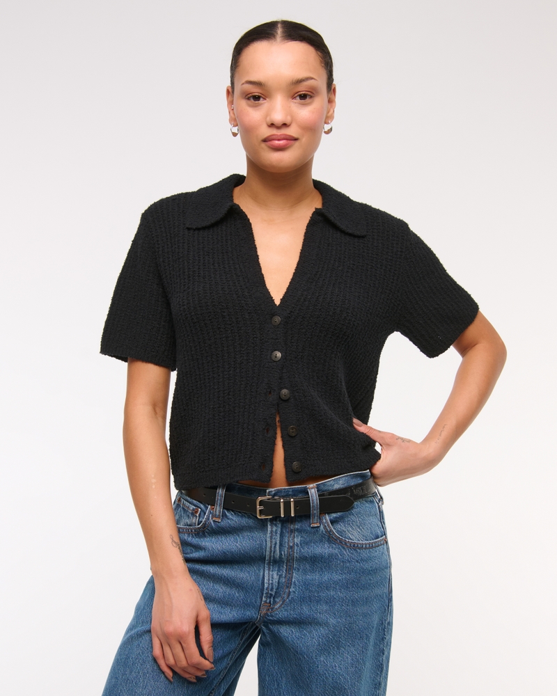Short-Sleeve Crochet-Style Polo(black,XXS)