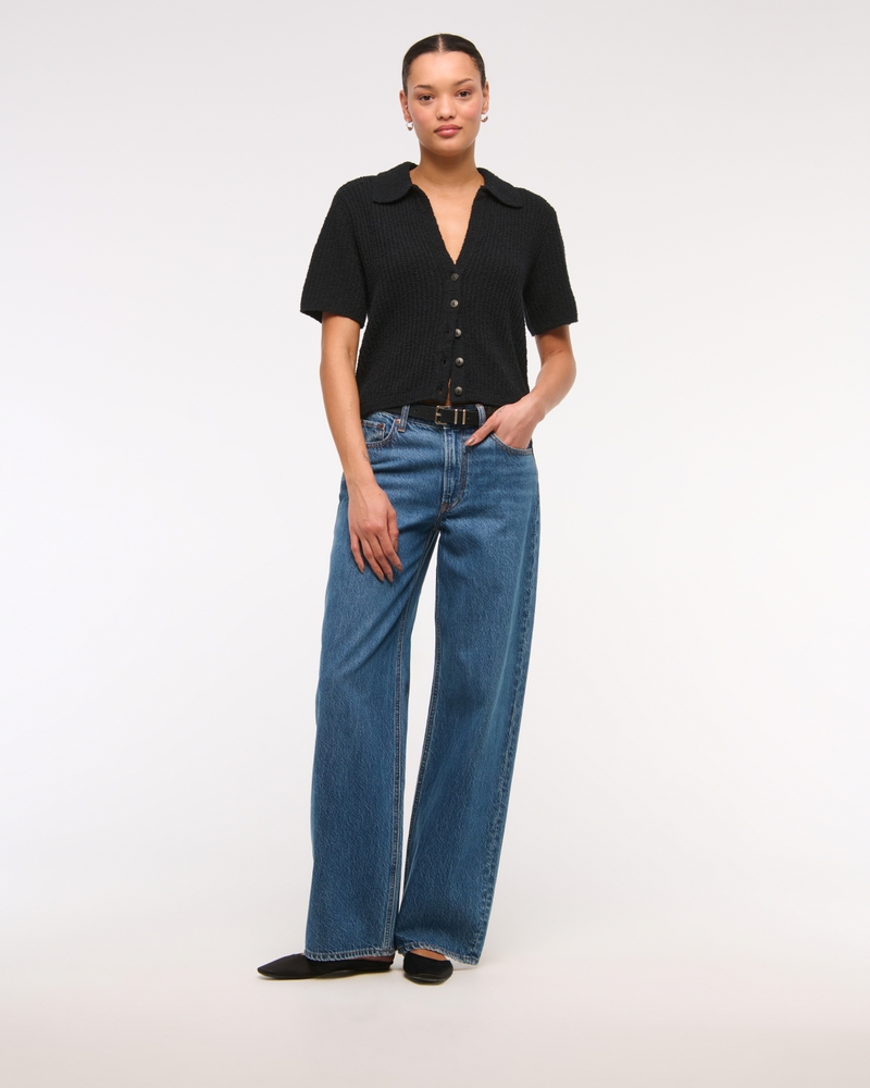 Short-Sleeve Crochet-Style Polo(black,XXS)