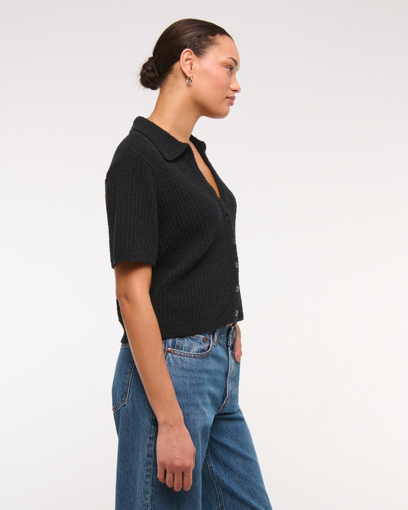 Short-Sleeve Crochet-Style Polo(black,XXS)