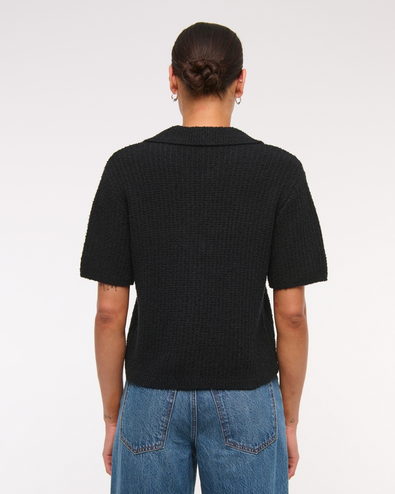 Short-Sleeve Crochet-Style Polo(black,XXS)