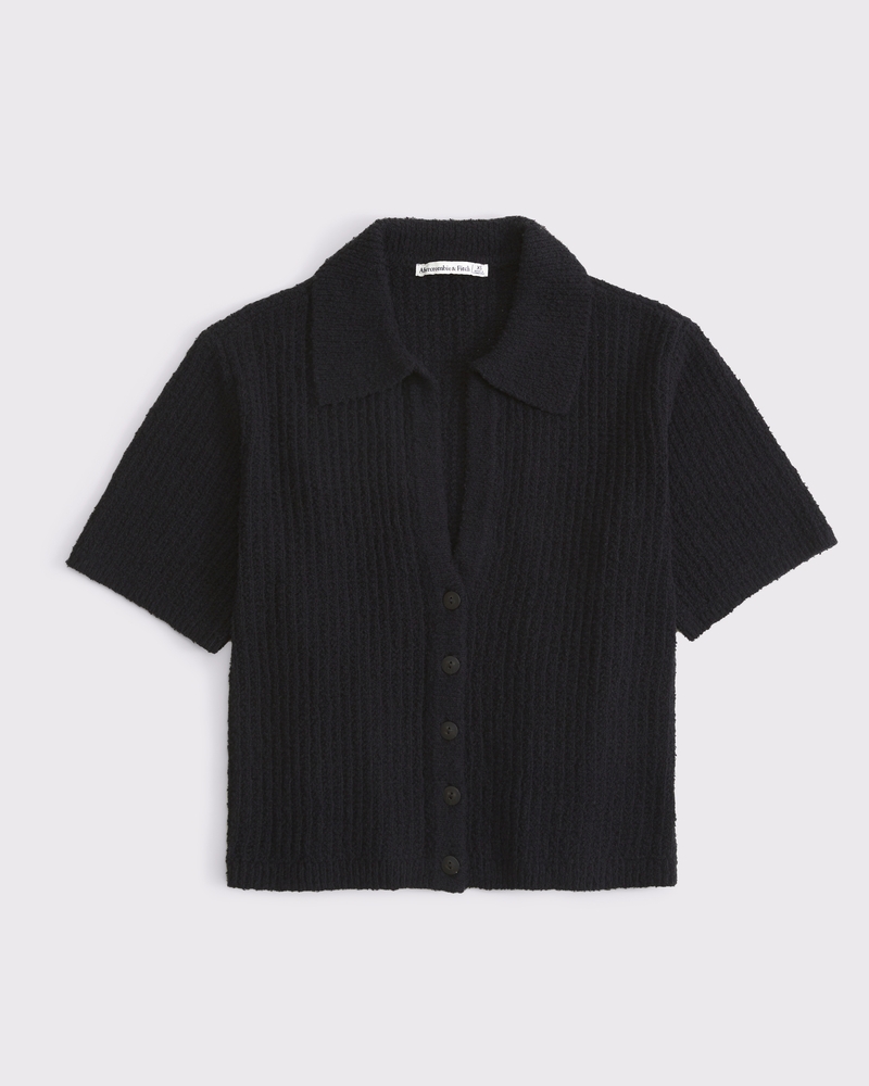 Short-Sleeve Crochet-Style Polo(black,XXS)