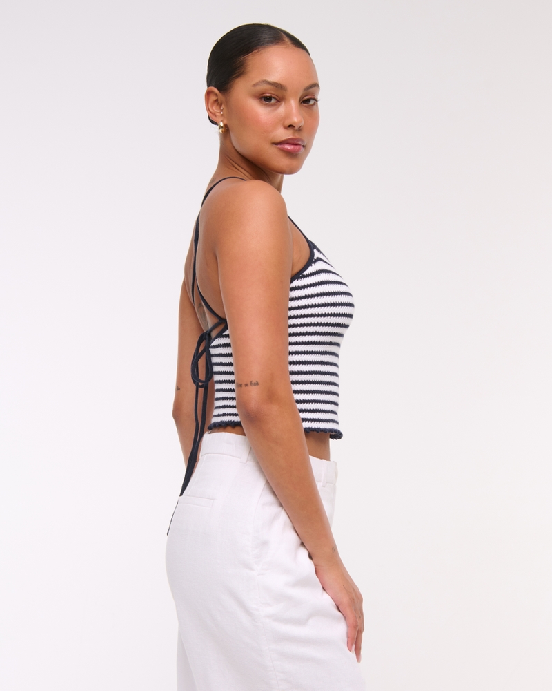 Crochet-Style Tie-Back Tank(navy stripe,XXS)