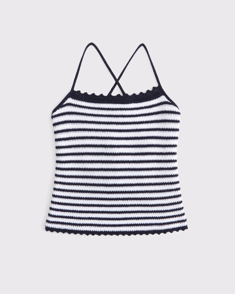 Crochet-Style Tie-Back Tank(navy stripe,XXS)