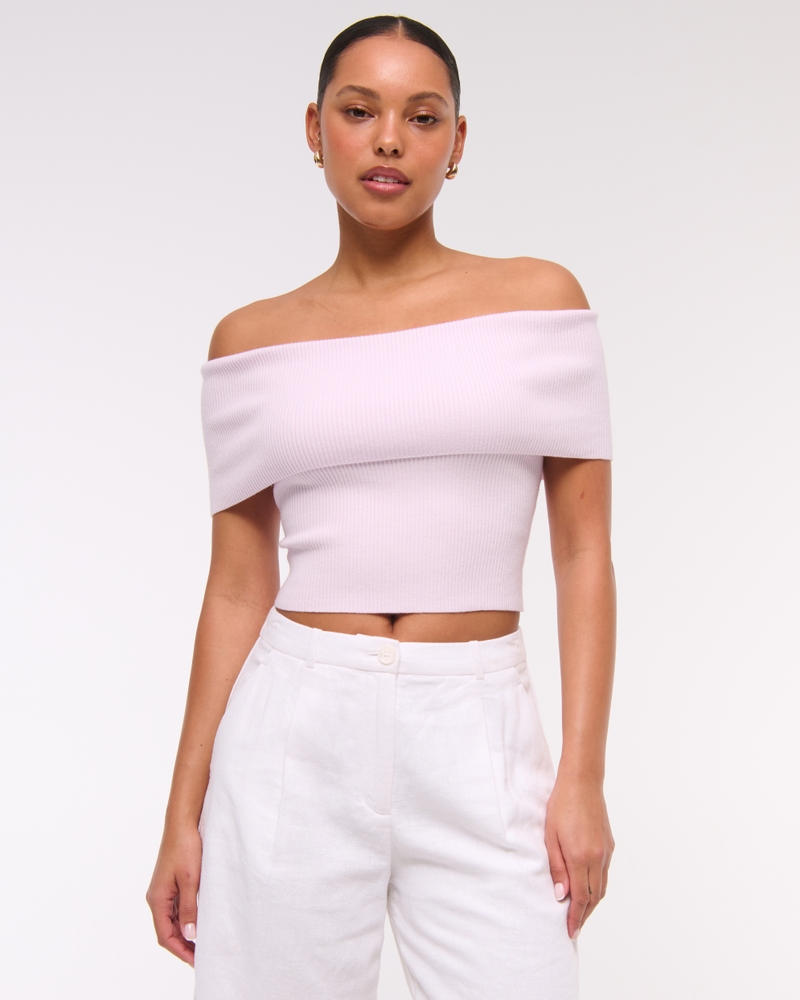Foldover Off-The-Shoulder Sweater Top(light pink,XXS)