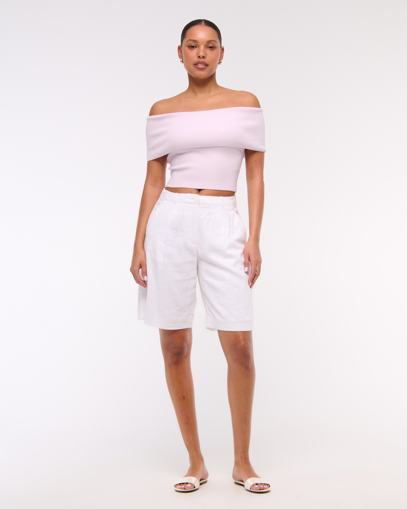 Foldover Off-The-Shoulder Sweater Top(light pink,XXS)
