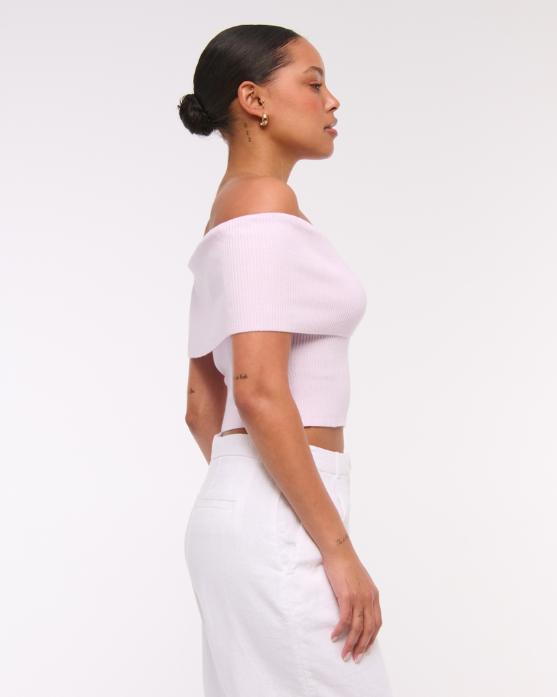 Foldover Off-The-Shoulder Sweater Top(light pink,XXS)