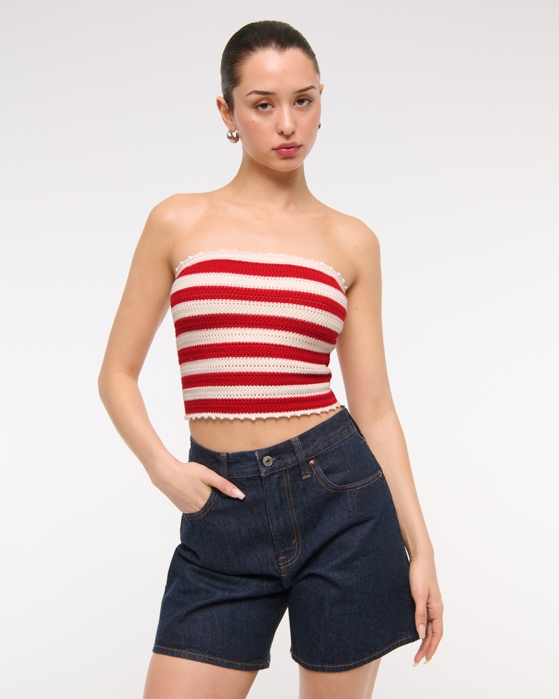 Crochet-Style Tube Top(red stripe,XXS)