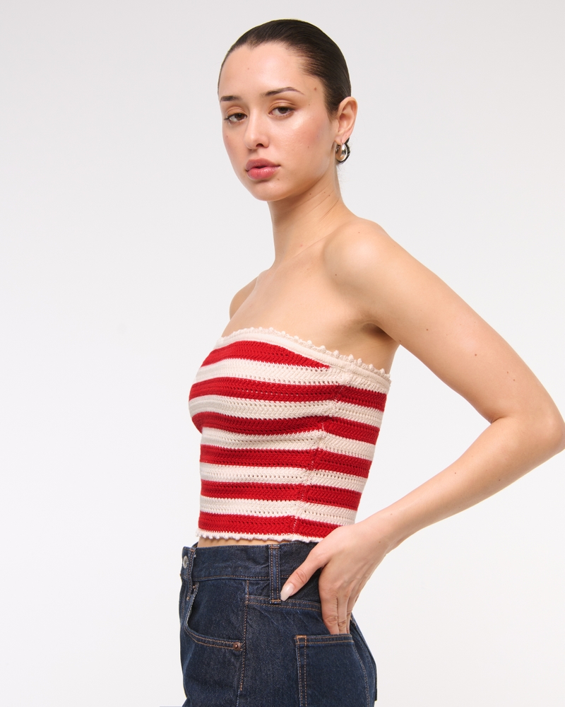 Crochet-Style Tube Top(red stripe,XXS)