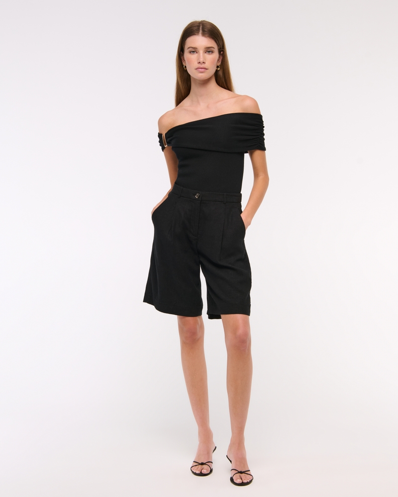 Hardware Off-The-Shoulder Sweater Top(black,XXS)