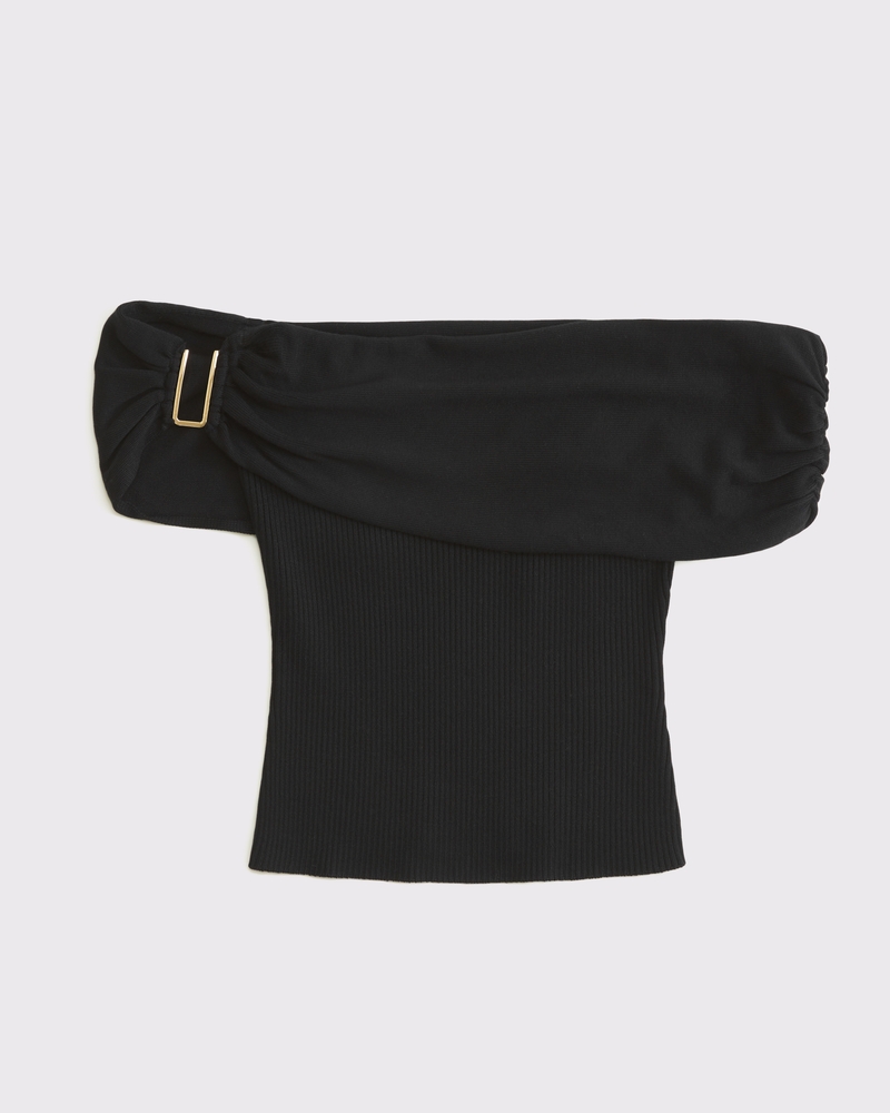 Hardware Off-The-Shoulder Sweater Top(black,XXS)