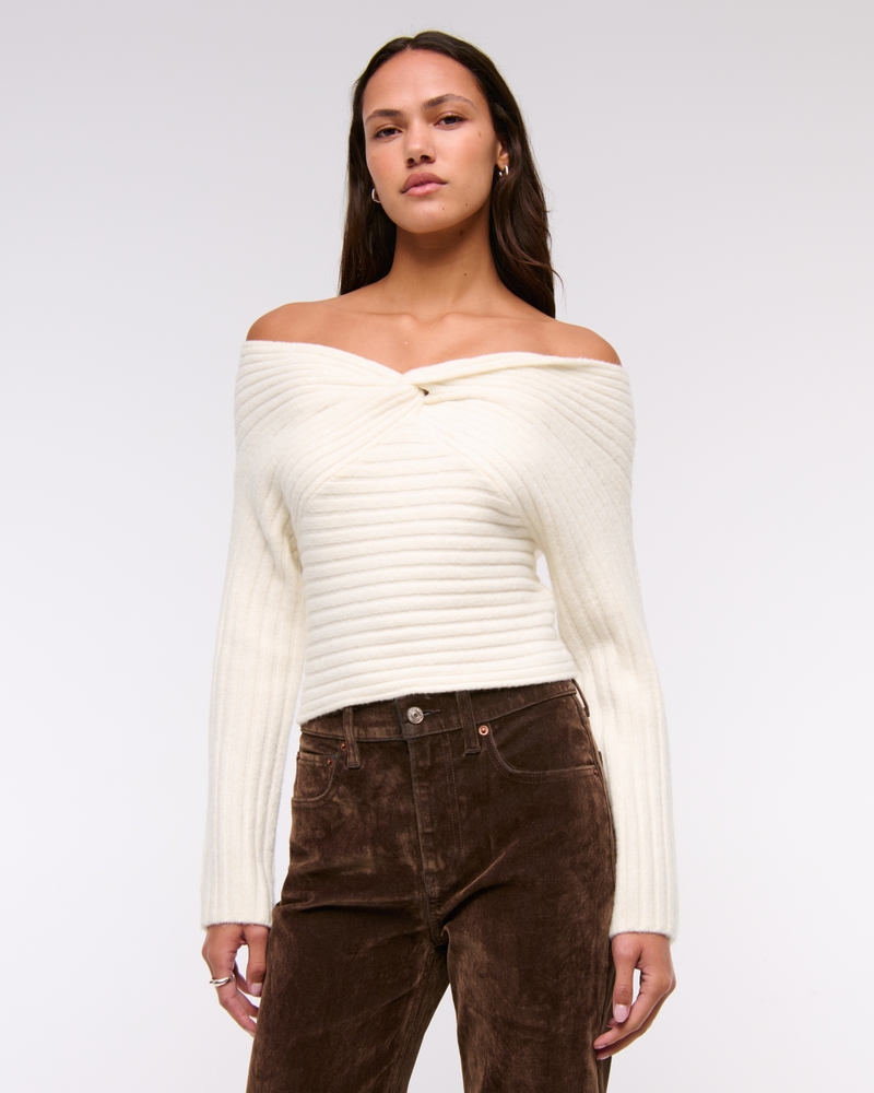 Off-The-Shoulder Twist Sweater(cream,XXS)