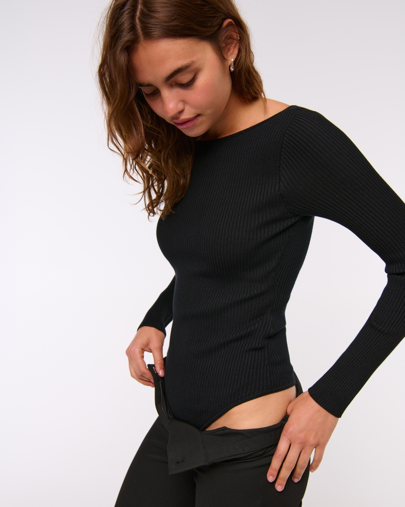Bra-Free Open-Back Sweater Bodysuit(black,XXS)